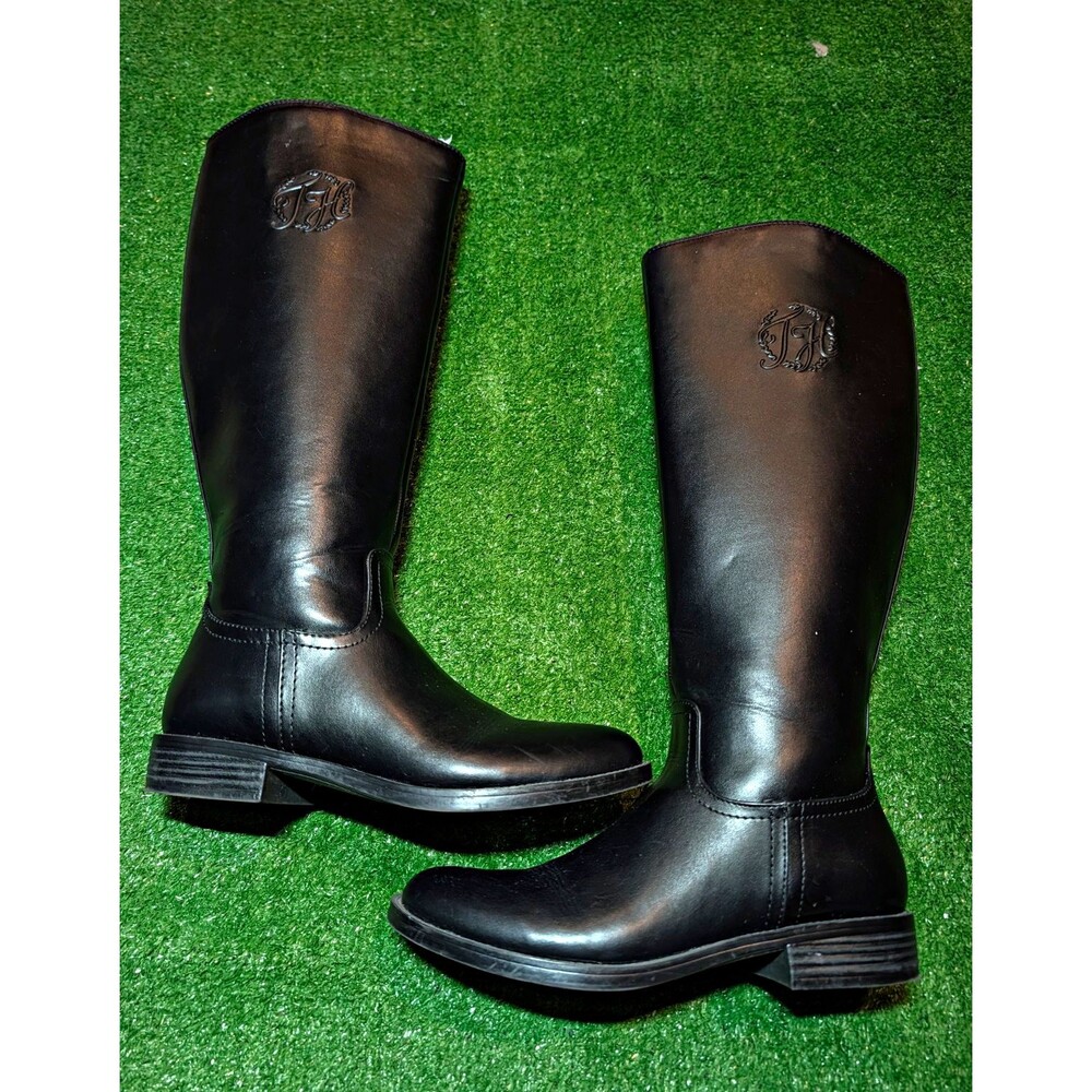 Tommy Hilfiger Women's 8M Black Leather Knee High Riding Boots Full Zip Logo EUC